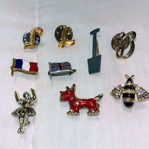 Set of 9 vintage pins, including a dog pin, a flag pin, and a shovel pin pins
